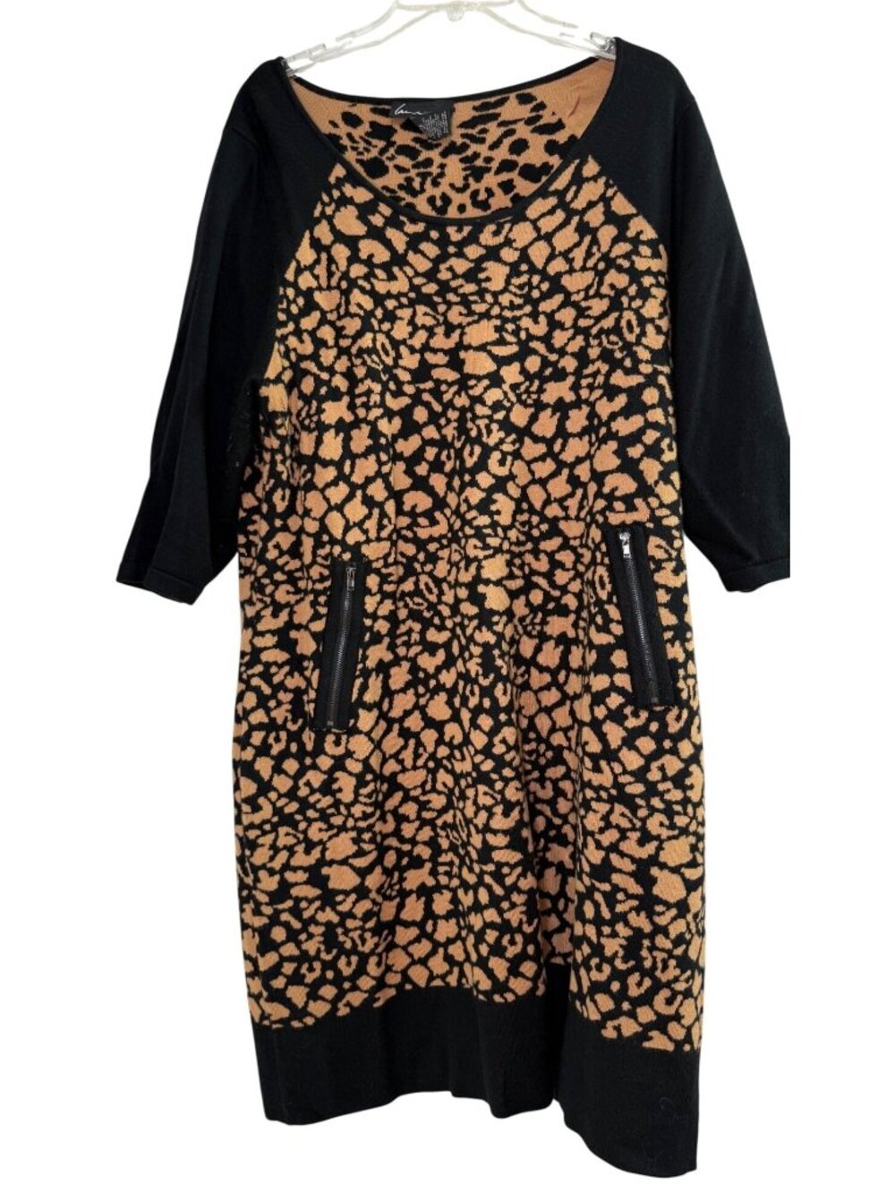 Lane Bryant Animal Print Black & Tan Sweater Dress W/ Zipper Pockets Size 18/20